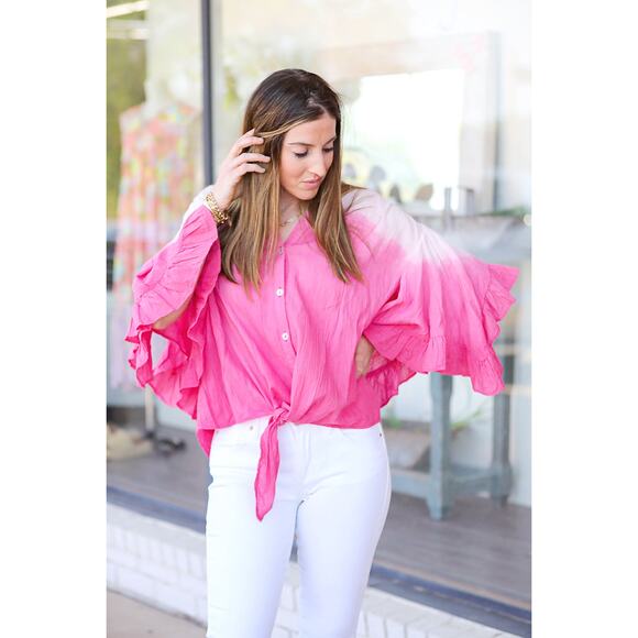 ivy jane Tops - Ivy Jane Top Flutter Blouse NWT Ombre Pink Tie Front S/M Flowy Sleeve Button